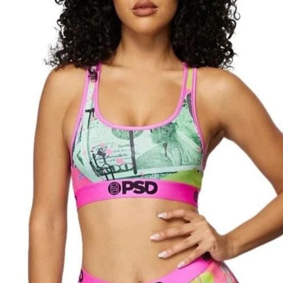 PSD Womens Size XL Sports Bra Neon Green Pink Money Bill Bra Size 36DD-40C NEW - Picture 1 of 12